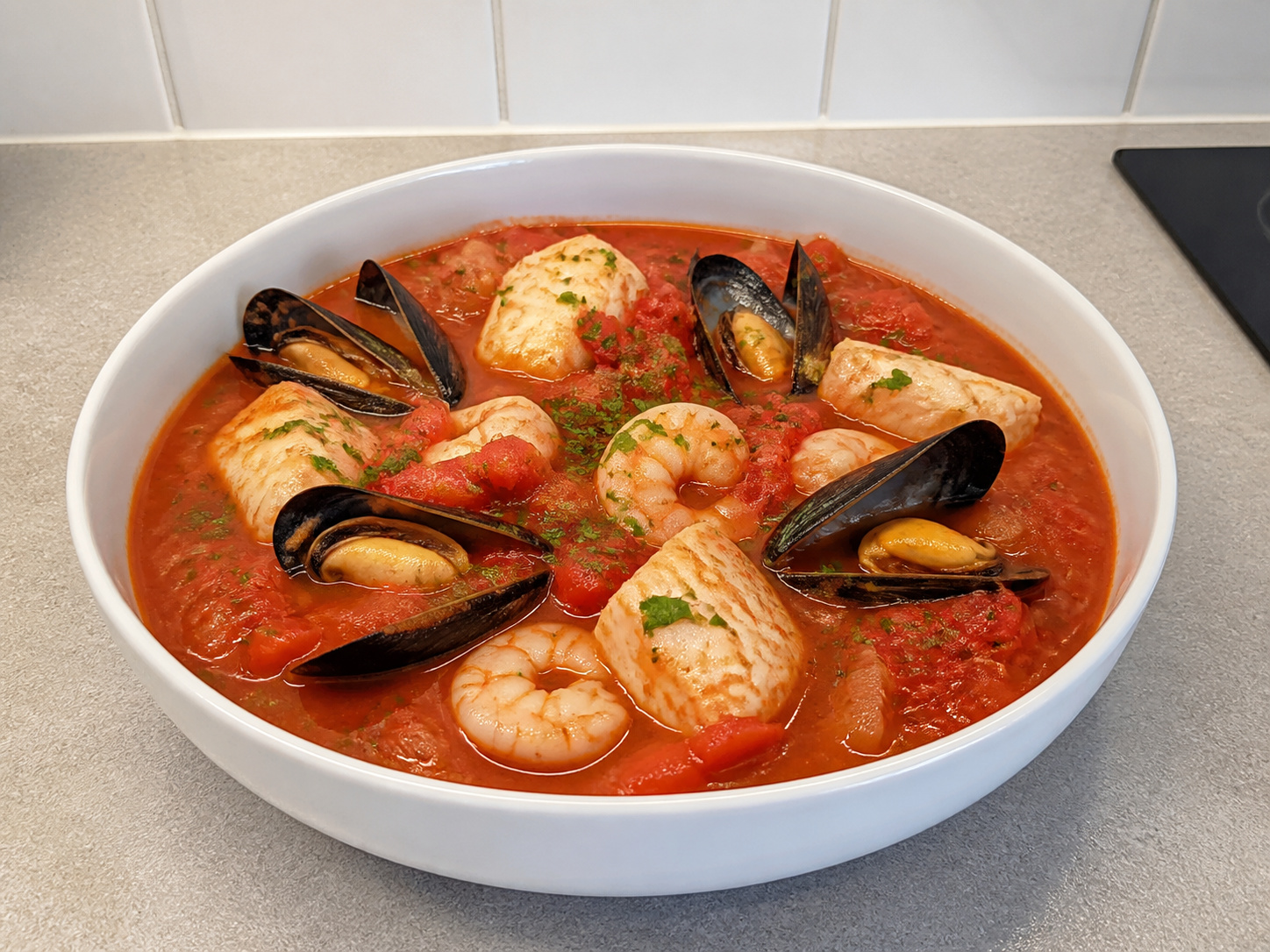 Mediterranean Seafood Tomato Stew finished home-style dish