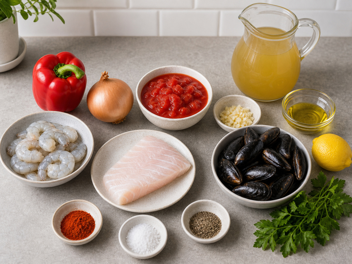 Mga sangkap para sa Nilagang Seafood at Kamatis na Estilong Mediterranean
