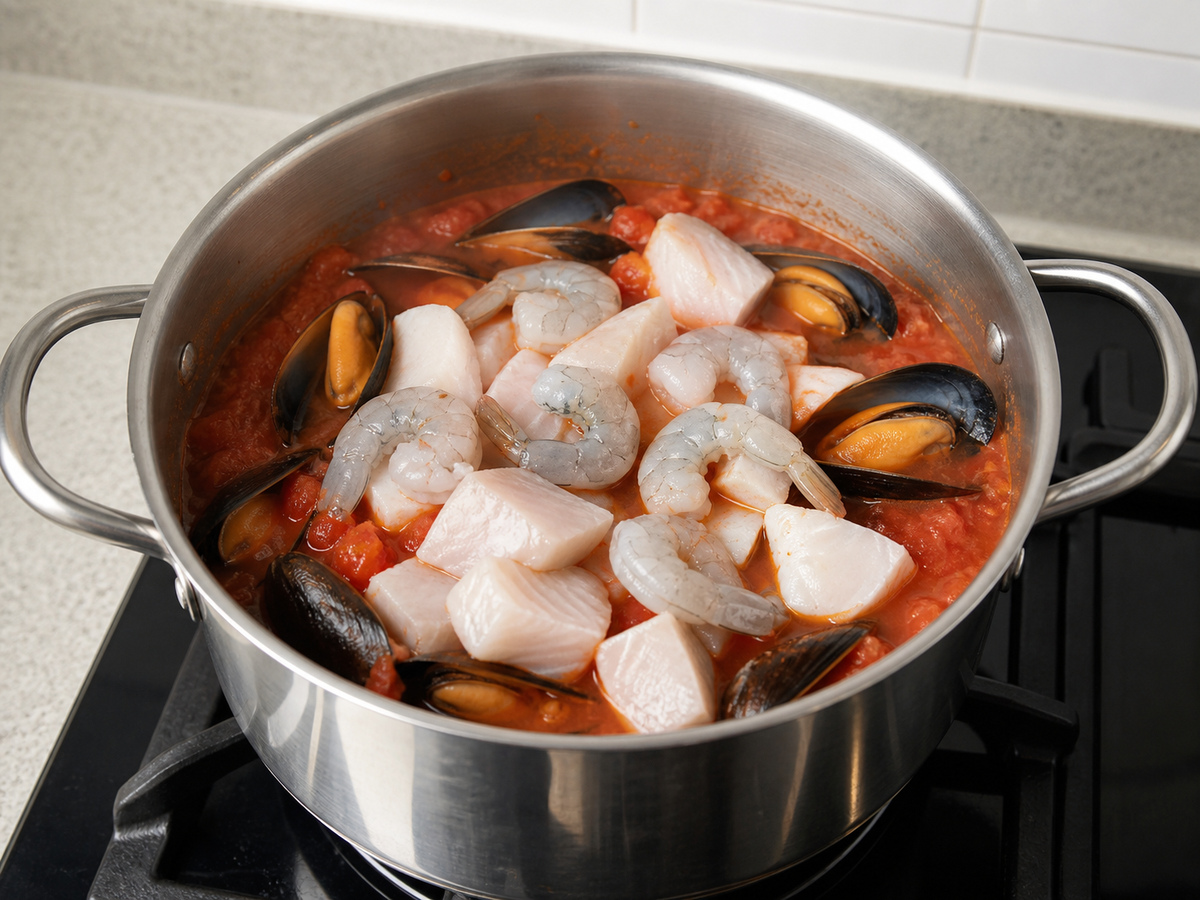 Nilagang Seafood at Kamatis na Estilong Mediterranean: Idagdag ang mga sangkap