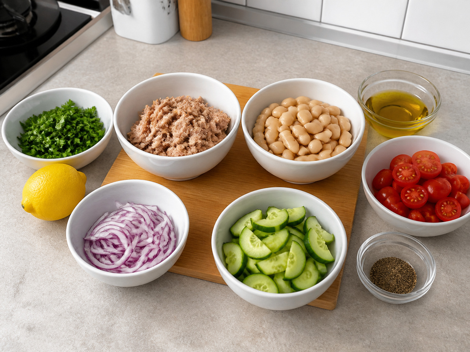 Salad Tuna dan Kacang Putih Mediterania: 320 g tuna kaleng, 400 g kacang putih kalengan, 1 buah mentimun, 250 g Tomat ceri, 1 buah bawang merah besar, 1 buah lemon, 3 sdm minyak zaitun, 20 g peterseli, 1 sdt Lada hitam