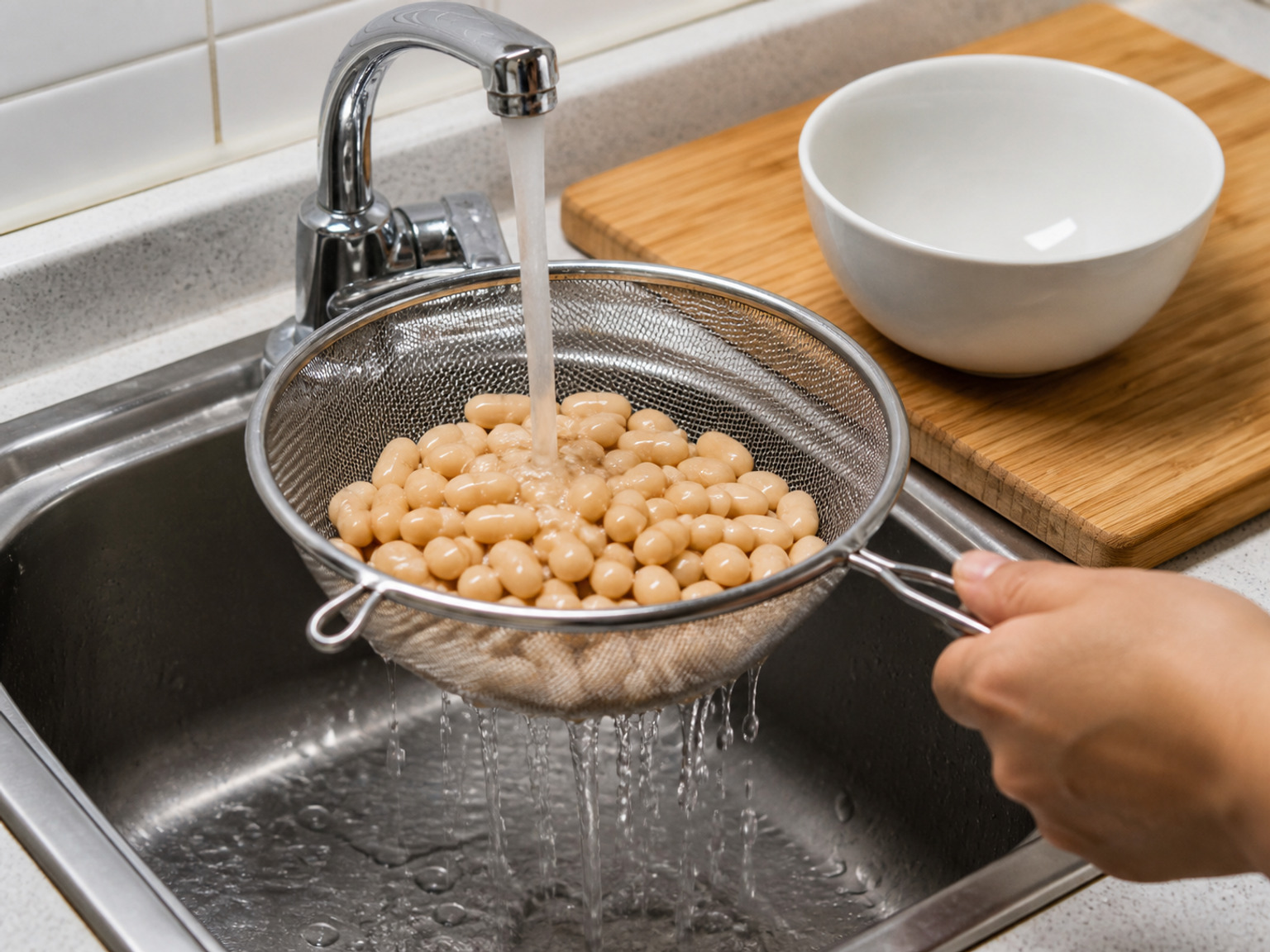 Bilas dan keringkan kacang putih: Bilas seluruh 400 g kacang putih dengan air dingin sampai jernih, lalu tiriskan dan tepuk kering tanpa menghancurkannya.