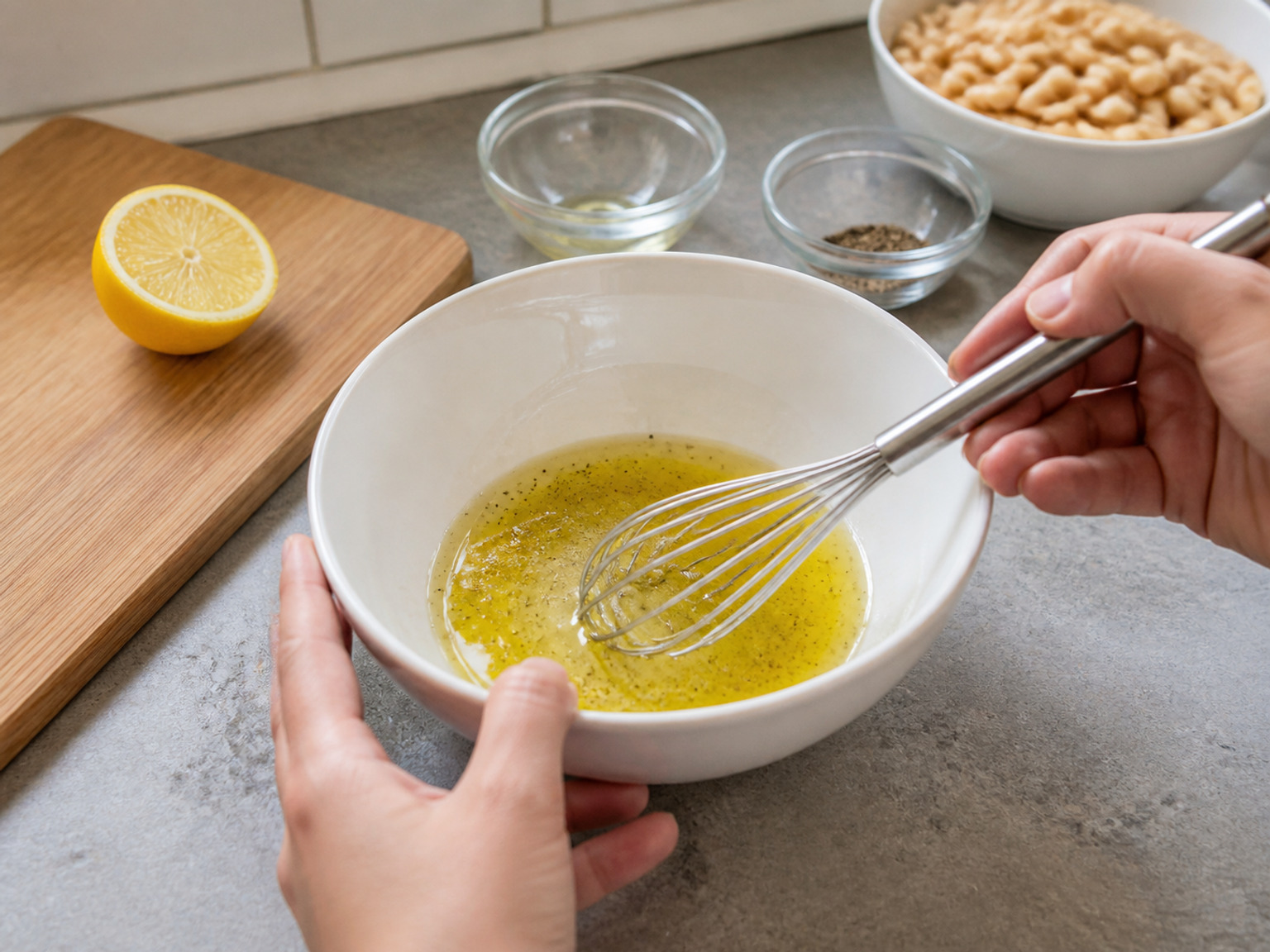 Kocok saus lemon: Peras 1 lemon lalu kocok bersama seluruh 3 sendok makan minyak zaitun dan 1 sendok teh lada hitam sampai sedikit teremulsi.
