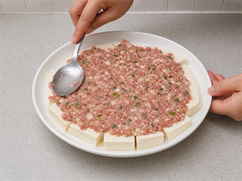 肉碎蒸豆腐:鋪上肉碎