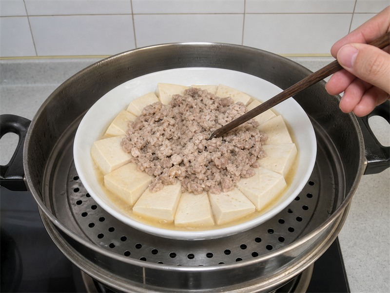 肉碎蒸豆腐:檢查熟度