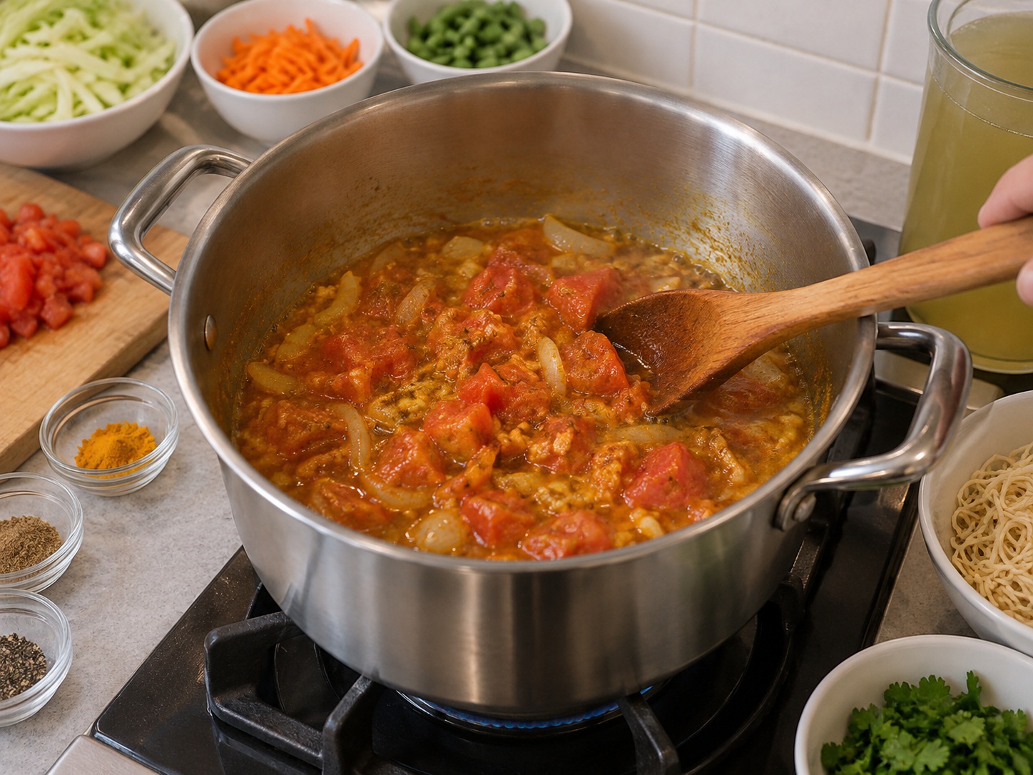 Thukpa Sayuran Nepal — Masak tomat dan rempah