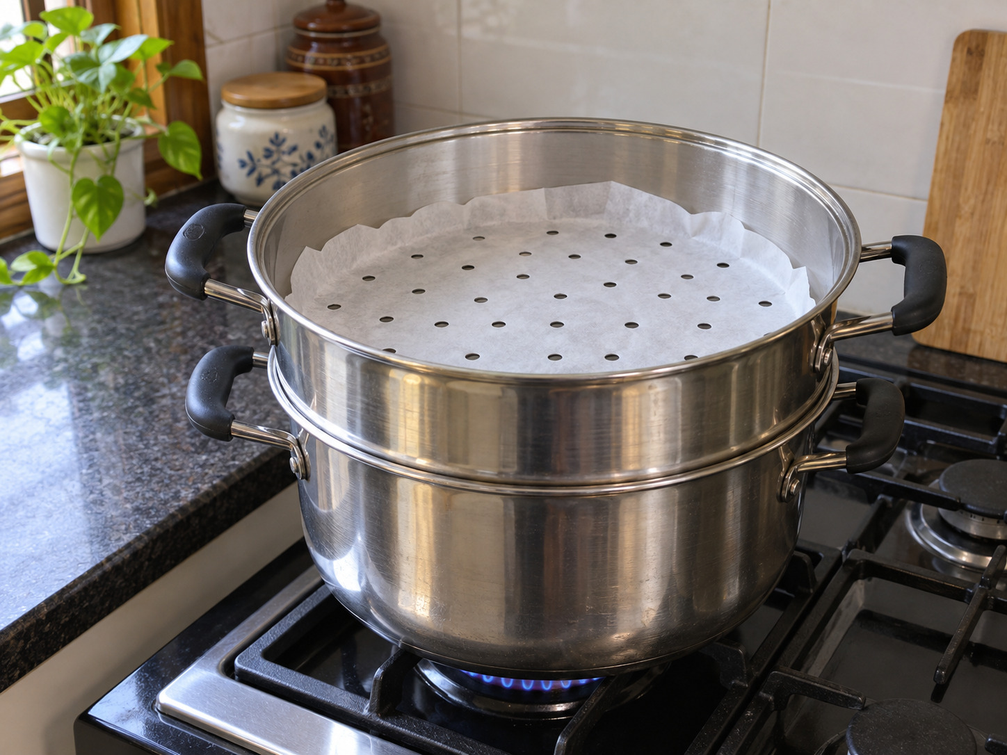 Nepali Yomari — Heat water in the steamer and line the rack with perforated parchment