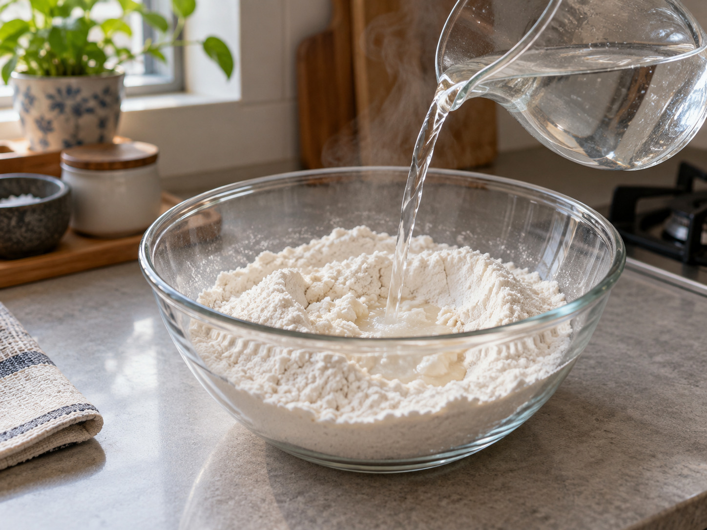 Nepali Yomari — Put rice flour in the bowl and add 220 ml hot water gradually