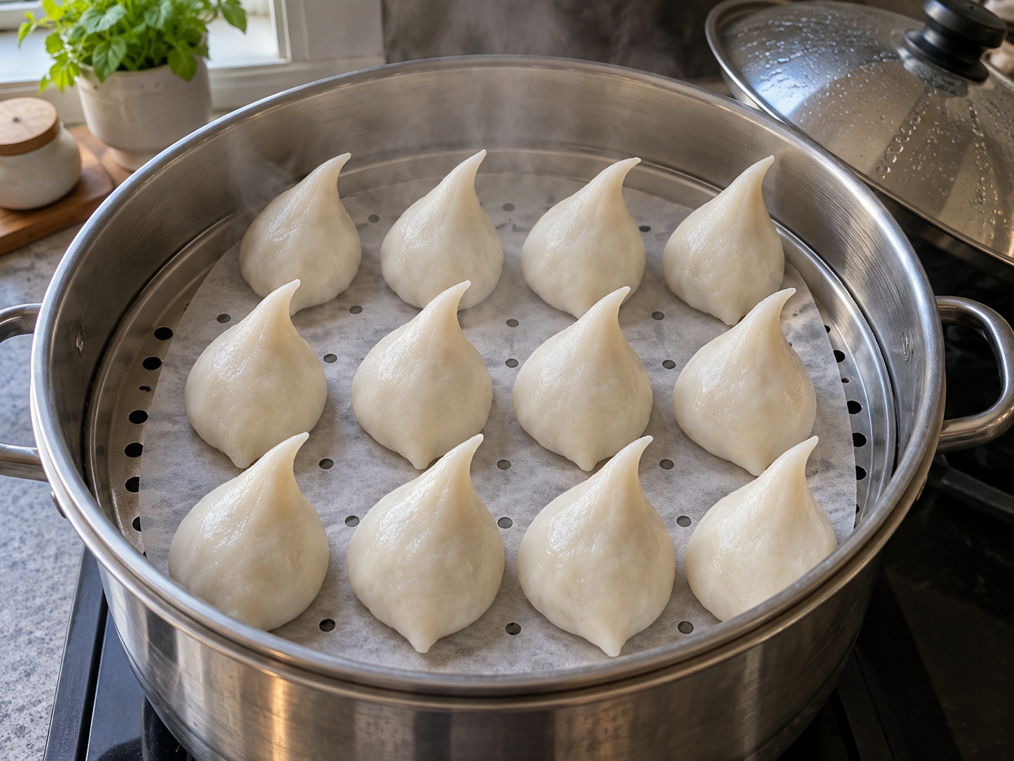 Nepali Yomari — Space the dumplings on the steamer rack and steam over medium heat about 20 minutes