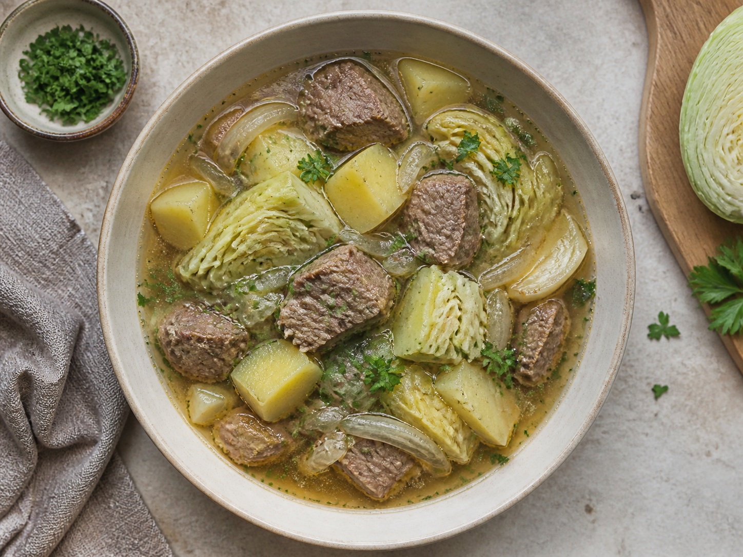 挪威羊肉椰菜燴鍋: 羊肩肉、椰菜和薯仔分層後以黑椒清湯慢煮,成為軟腍暖胃的一鍋菜。