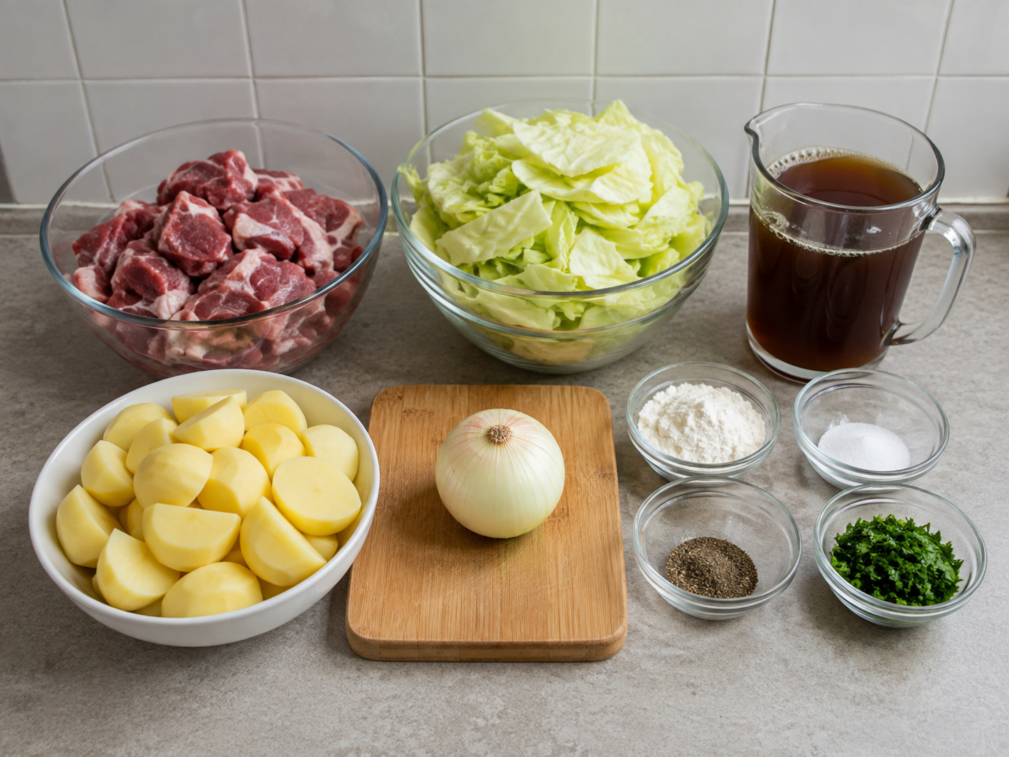 挪威羊肉椰菜燴鍋: 900 克 羊肩肉, 800 克 椰菜, 600 克 中型薯仔, 1 個 洋蔥, 900 毫升 牛肉上湯, 2 湯匙 中筋麵粉, 1 茶匙 鹽, 1 茶匙 黑胡椒, 2 湯匙 番茜