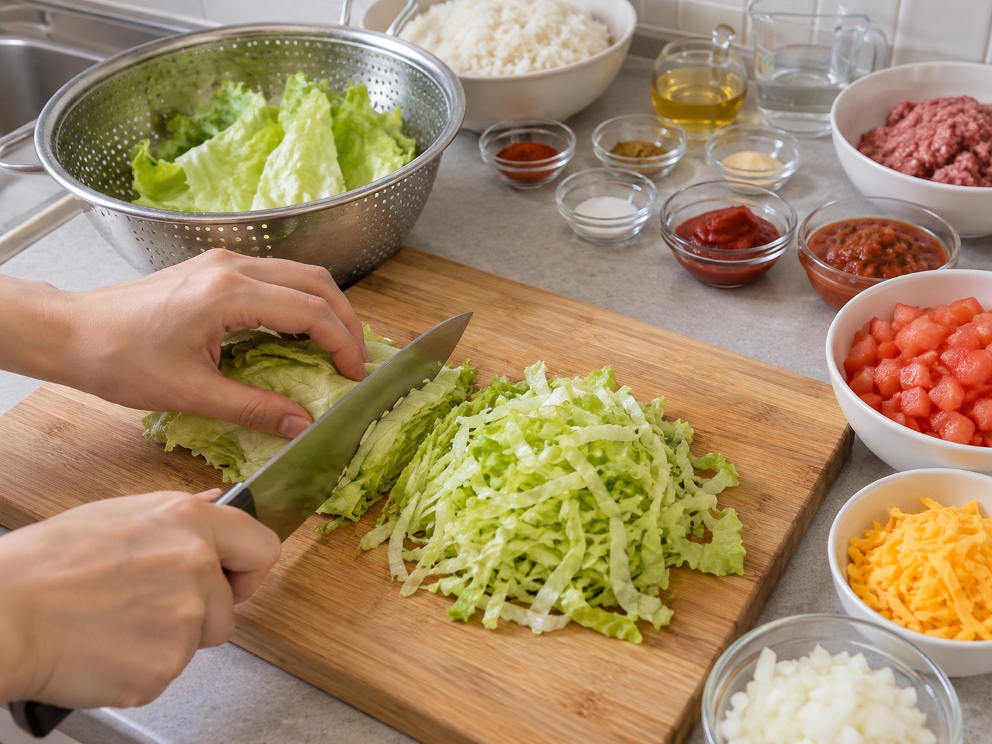 Nasi Taco Okinawa — Cuci daun selada, tiriskan, lalu iris tipis