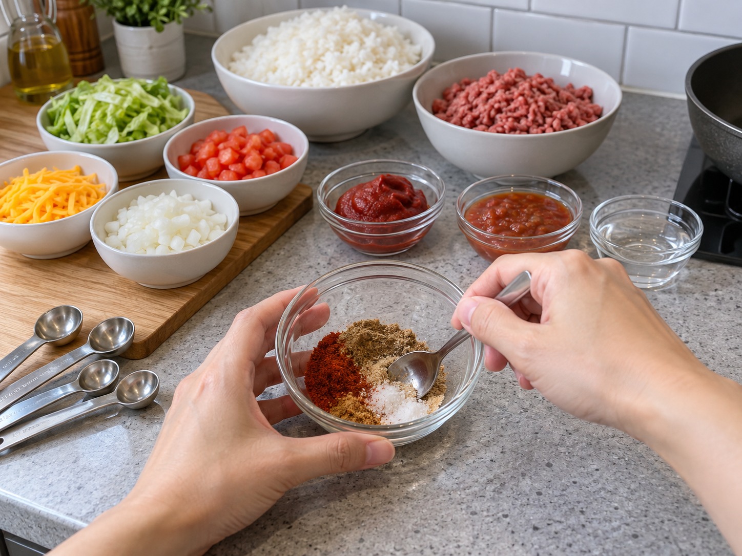 Nasi Taco Okinawa — Campur paprika, jintan, bubuk bawang putih, dan garam dalam mangkuk kecil
