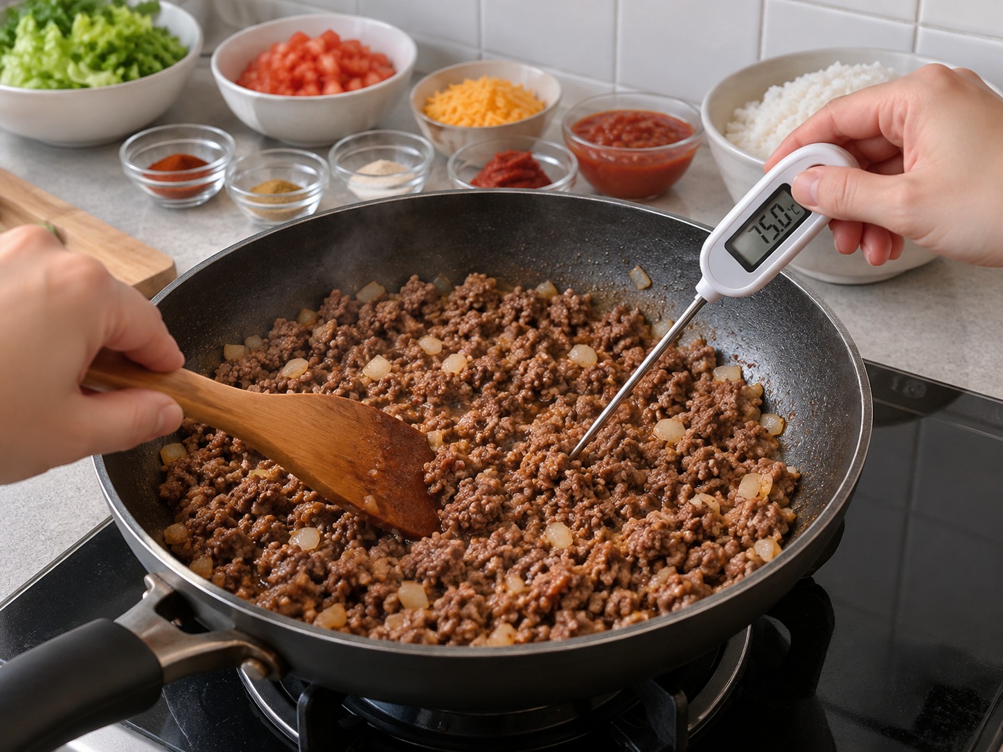 Nasi Taco Okinawa — Tumis lima sampai enam menit dan gunakan termometer makanan untuk memastikan sapi mencapai sedikitnya 75°C