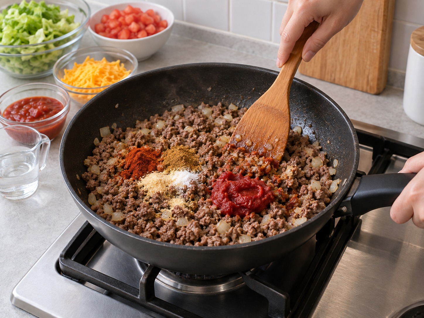 Nasi Taco Okinawa — Tambahkan campuran rempah dan pasta tomat; tumis satu menit hingga rata