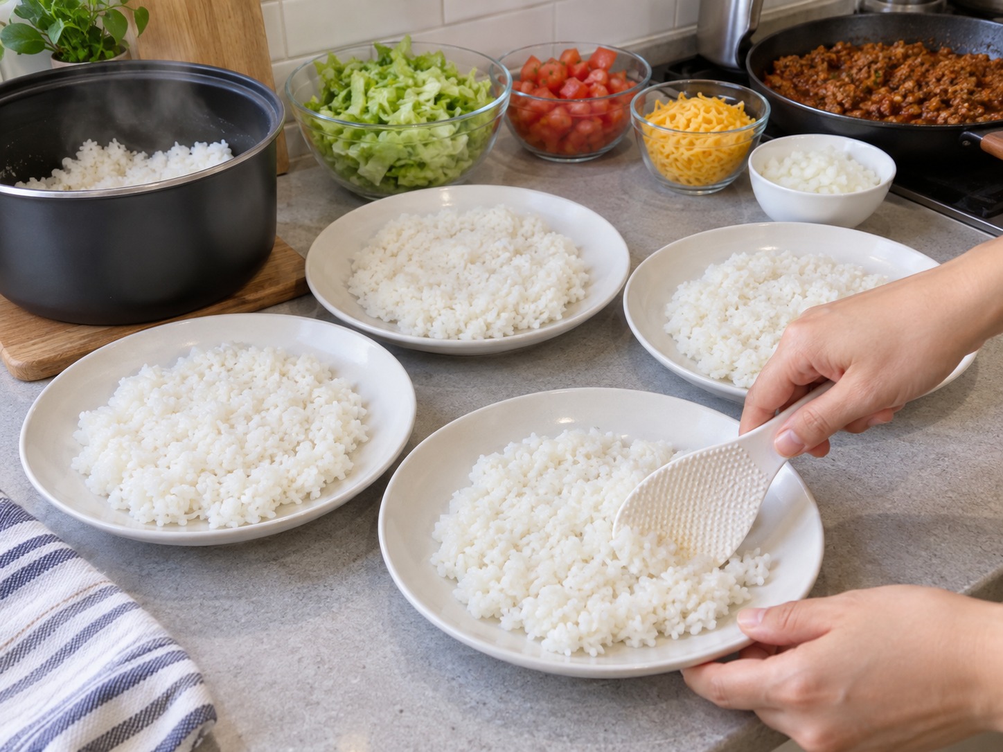 Nasi Taco Okinawa — Bagi nasi panas ke empat piring dan ratakan