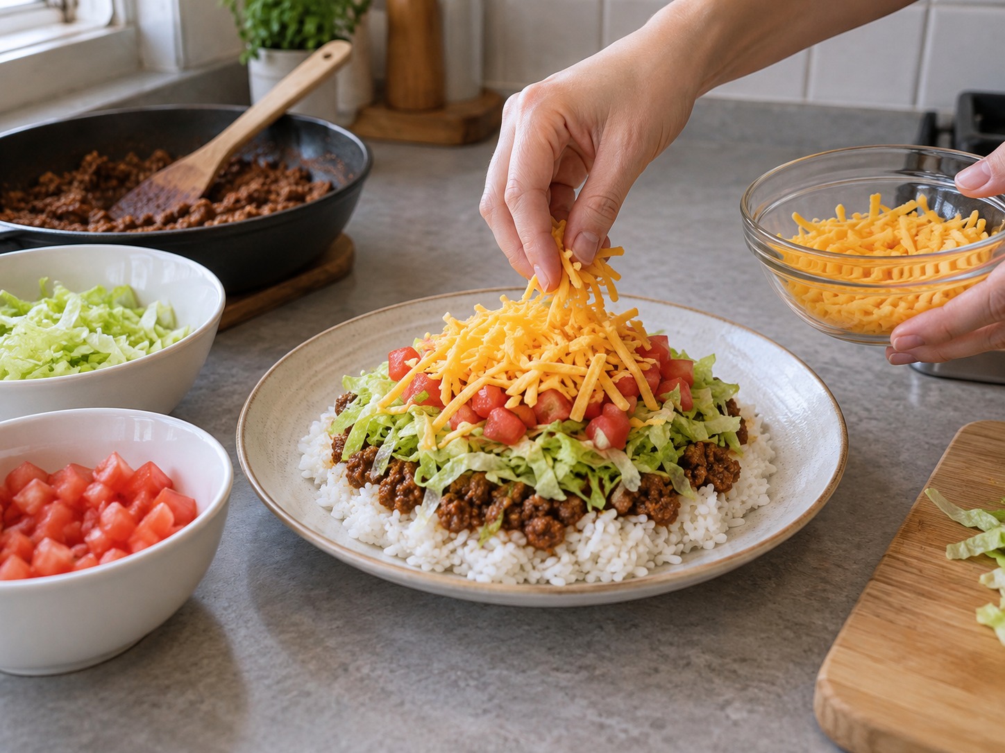 Nasi Taco Okinawa — Susun sapi, selada, tomat, dan keju secara berurutan