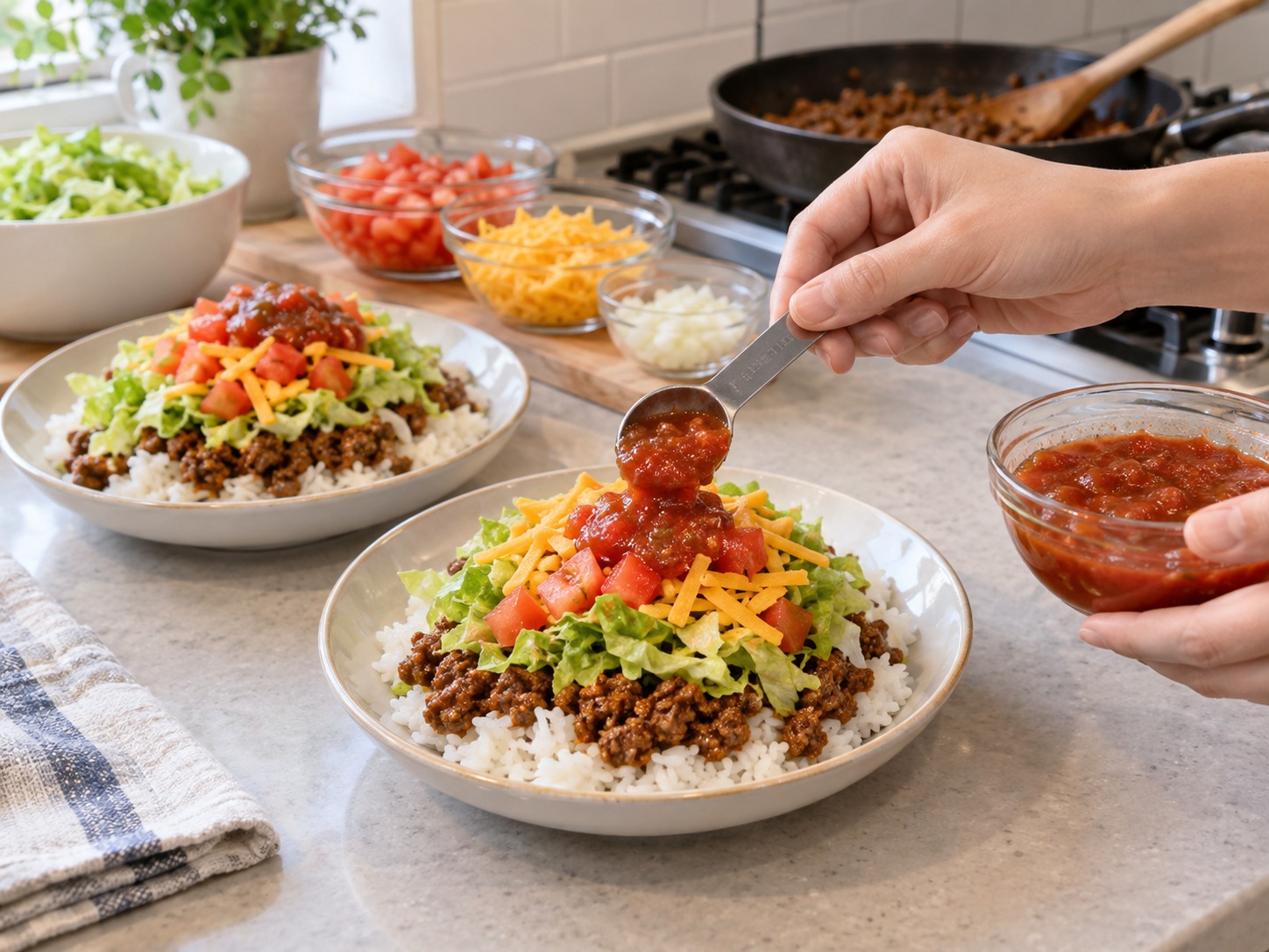 Nasi Taco Okinawa — Beri satu sendok makan salsa ringan pada tiap piring dan sajikan selagi sapi panas