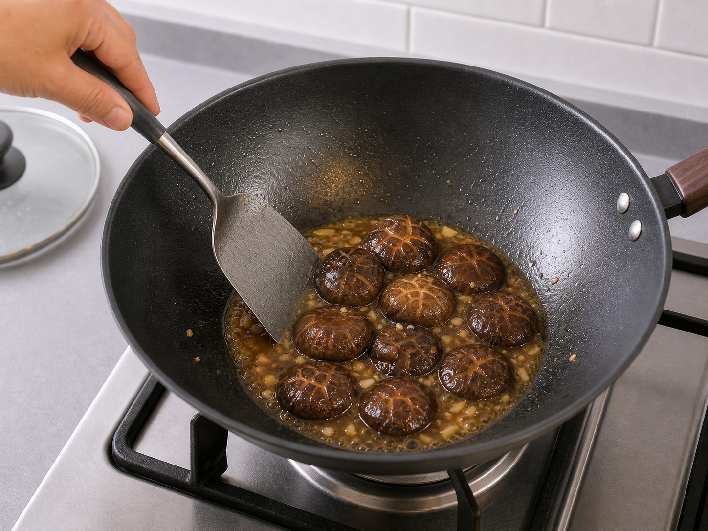 蠔油冬菇扒生菜:煮冬菇入味