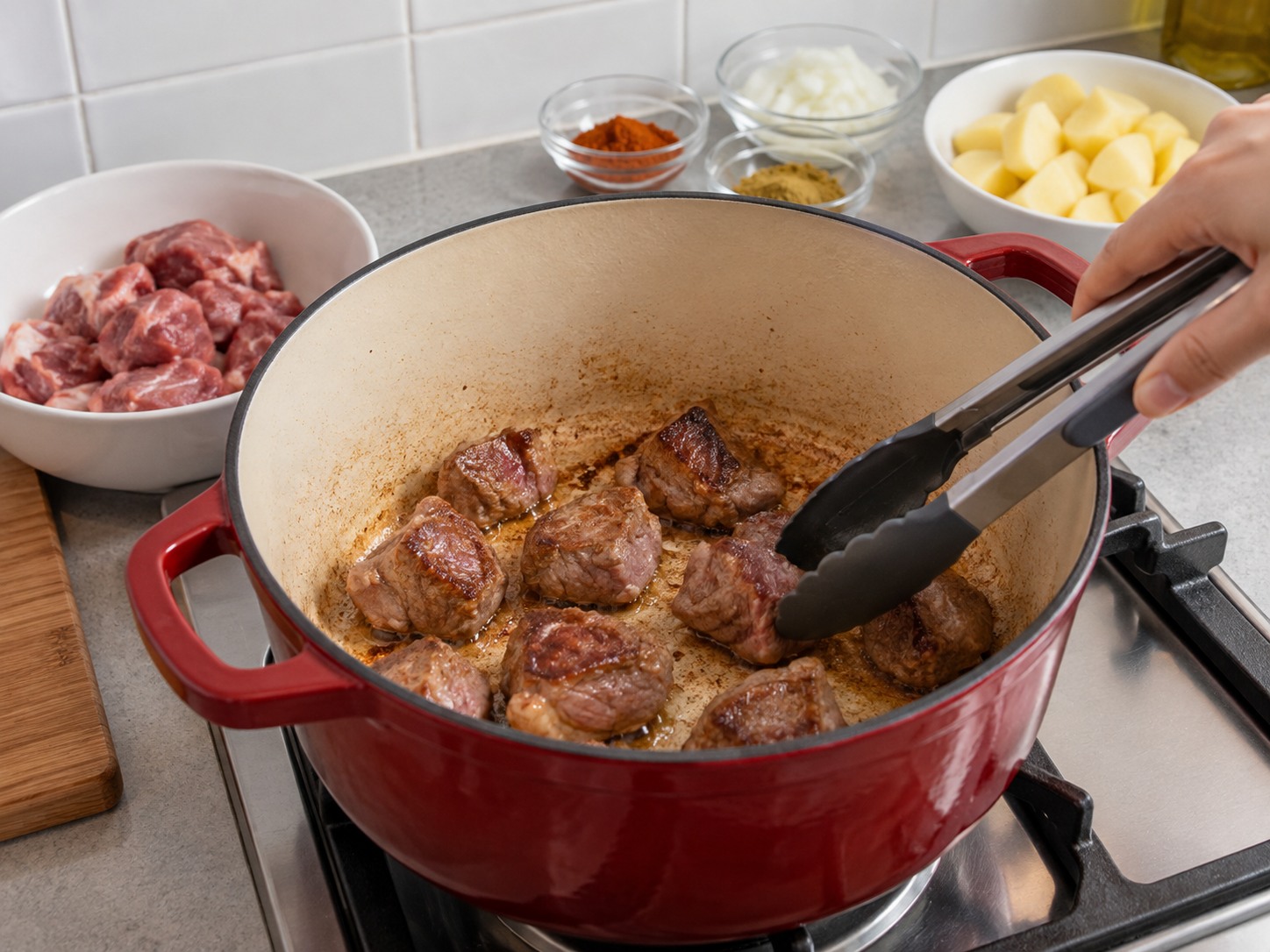 巴基斯坦薯仔羊肉咖喱 — 分批煎香羊肉