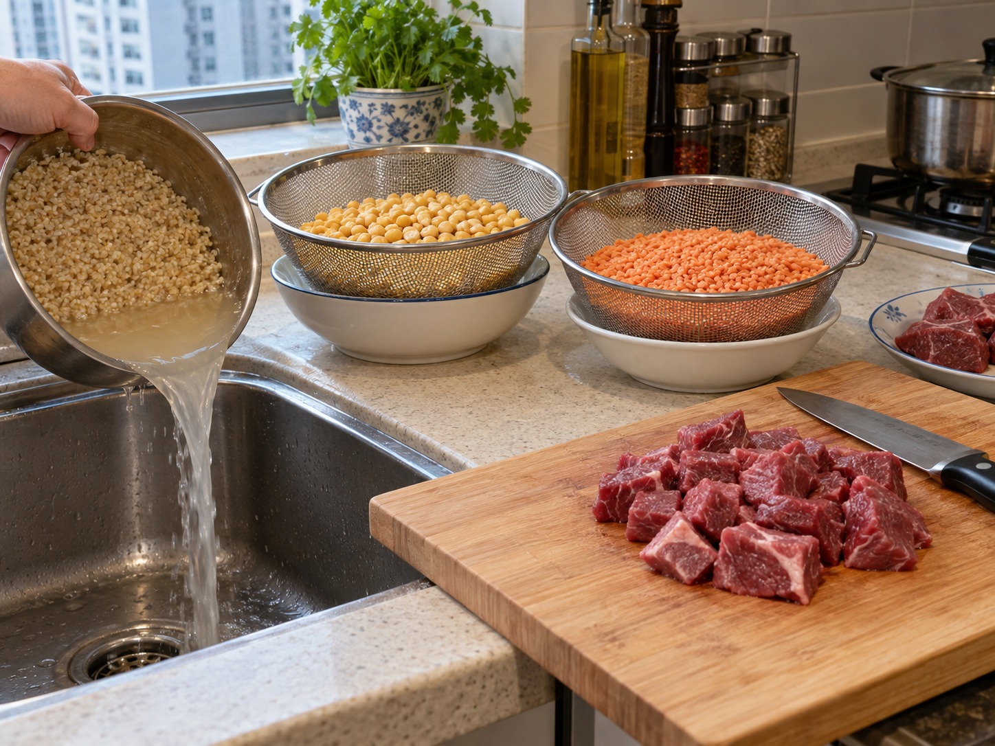 巴基斯坦牛肉麥豆粥 — 倒掉浸水，牛肉切約3厘米塊