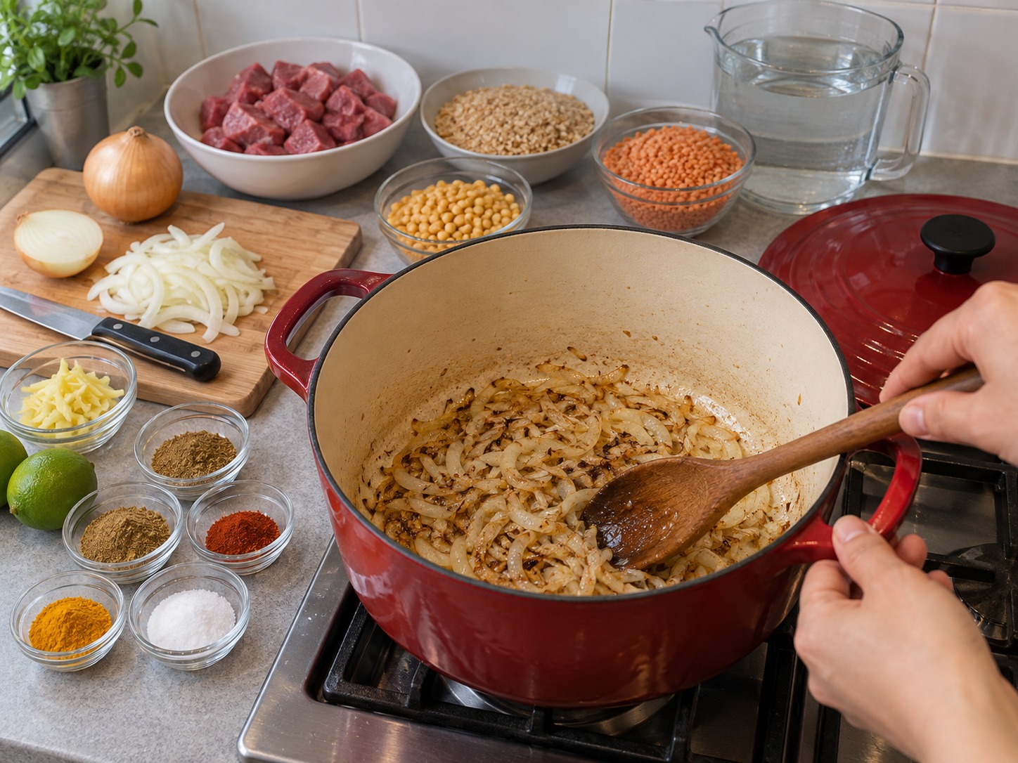 巴基斯坦牛肉麥豆粥 — 鍋內熱油，把一半洋蔥炒至金黃