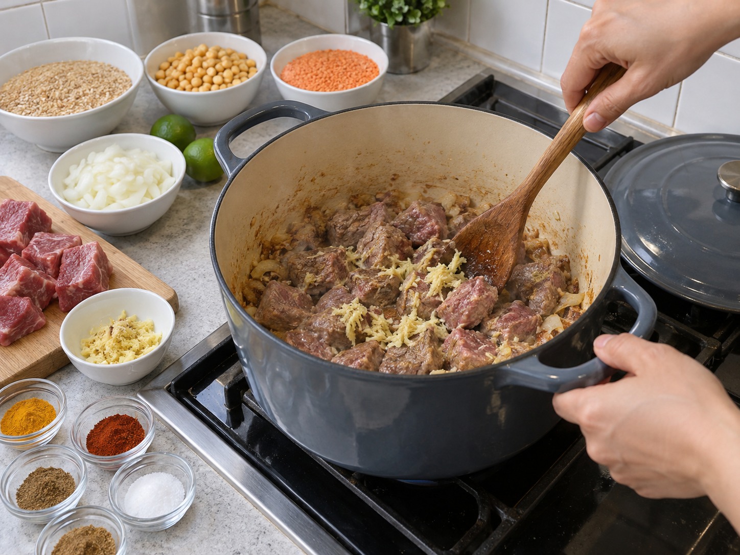 巴基斯坦牛肉麥豆粥 — 加入牛肉與磨茸薑，炒至牛肉轉色