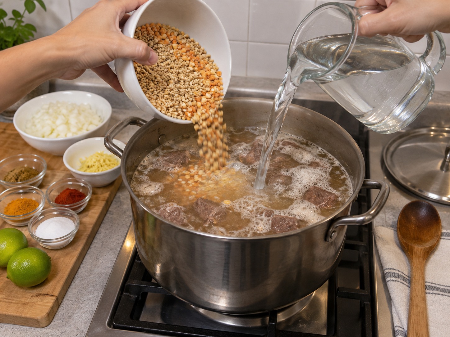 巴基斯坦牛肉麥豆粥 — 加入小麥、豆與清水，煮滾撇泡