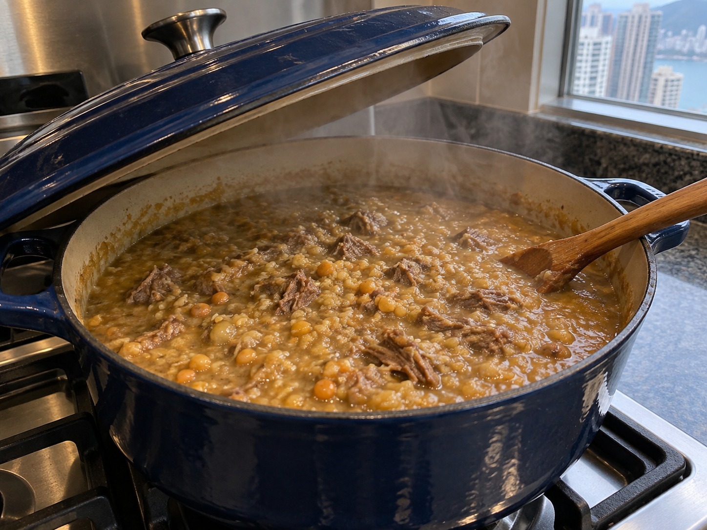 巴基斯坦牛肉麥豆粥 — 蓋好細火煮約2小時至牛肉和豆全軟