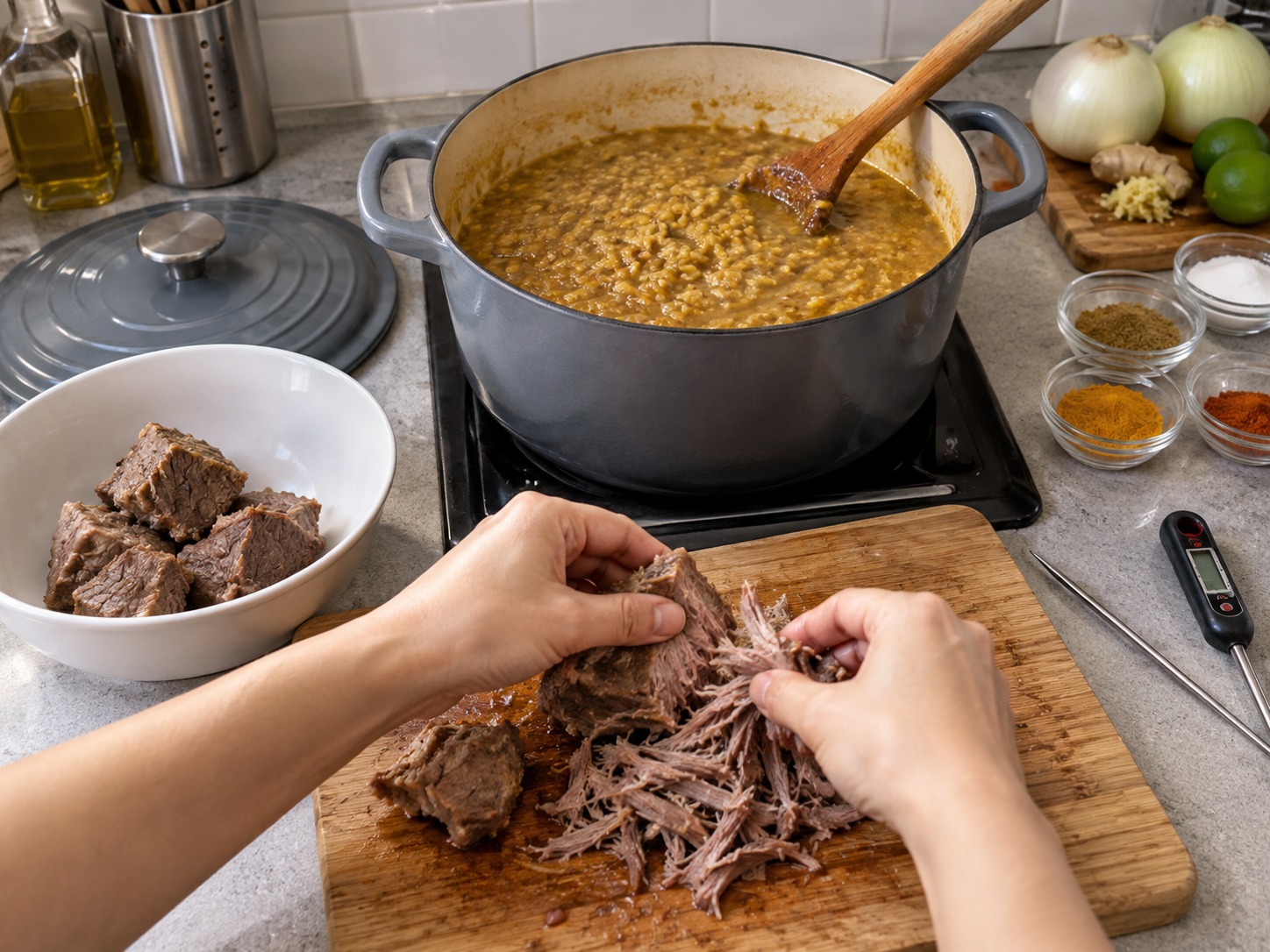 巴基斯坦牛肉麥豆粥 — 牛肉取出撕碎，放回鍋中