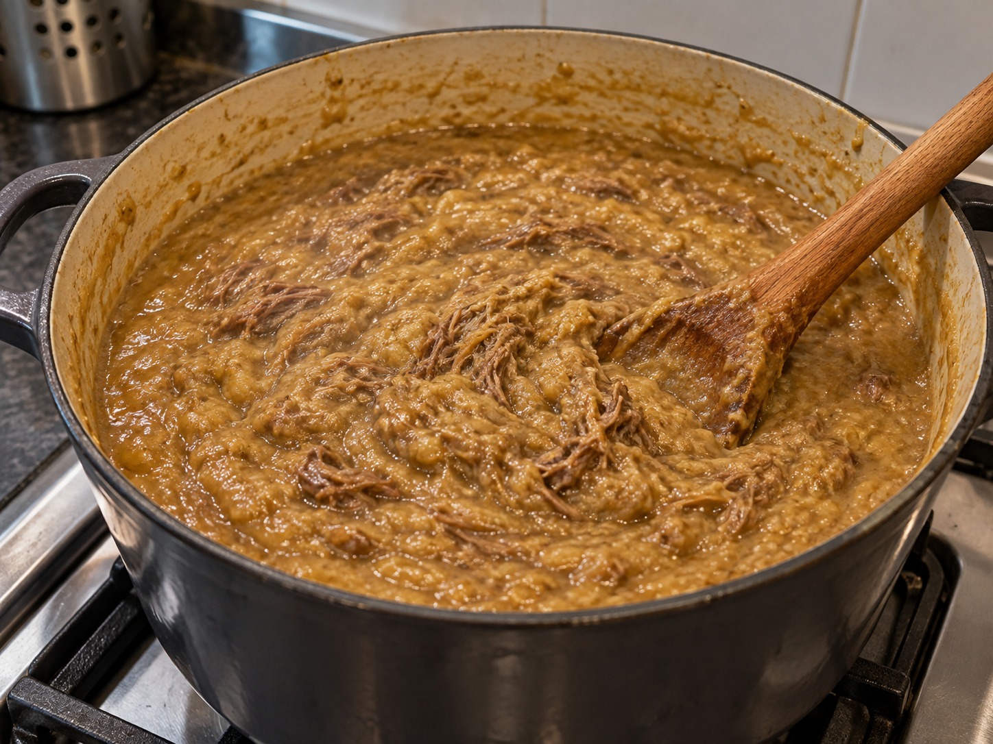 巴基斯坦牛肉麥豆粥 — 以木鏟慢攪壓碎豆麥，再煮30分鐘至濃稠