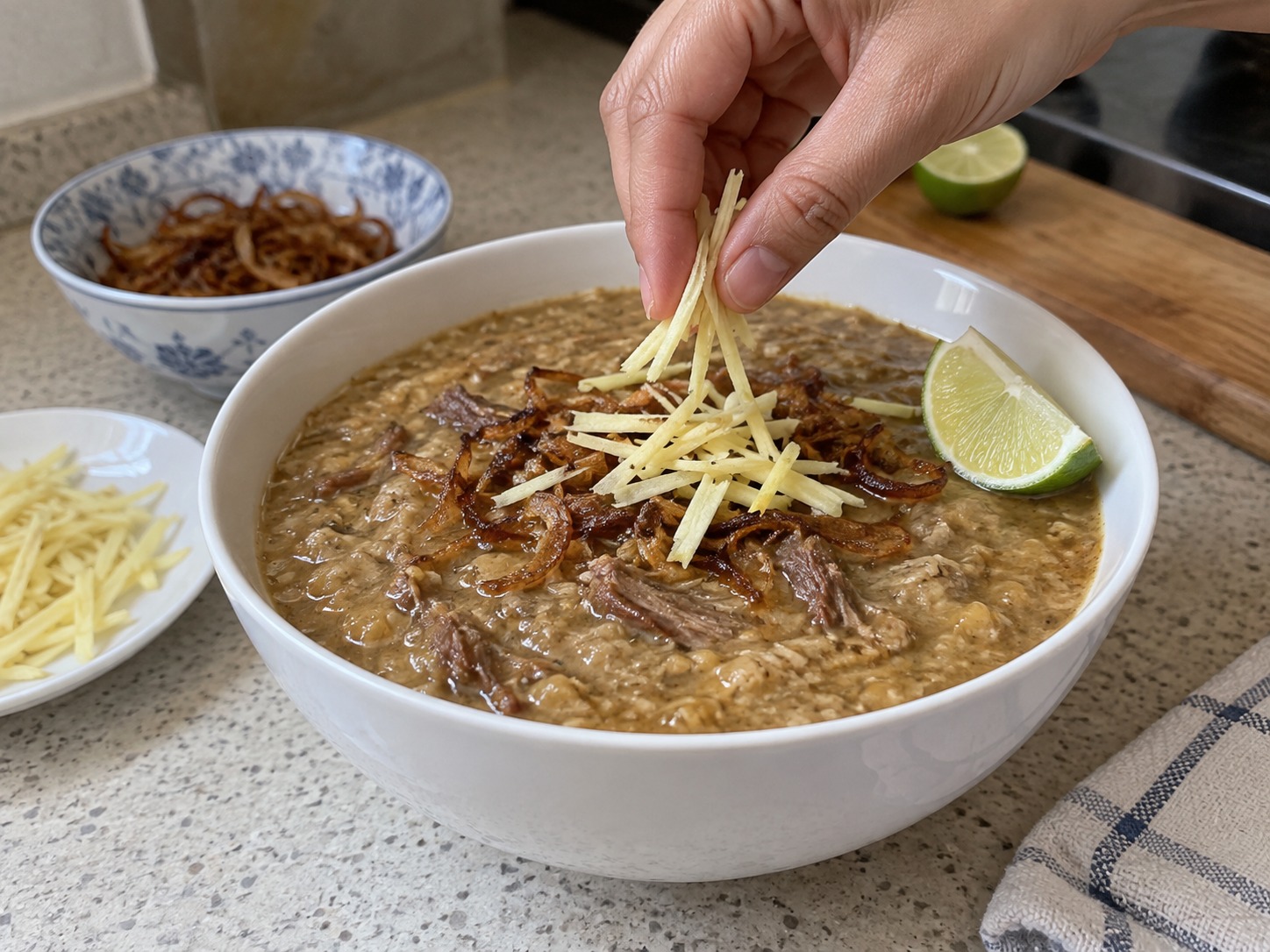 巴基斯坦牛肉麥豆粥 — 量牛肉至少75°C，試味後配薑絲及青檸