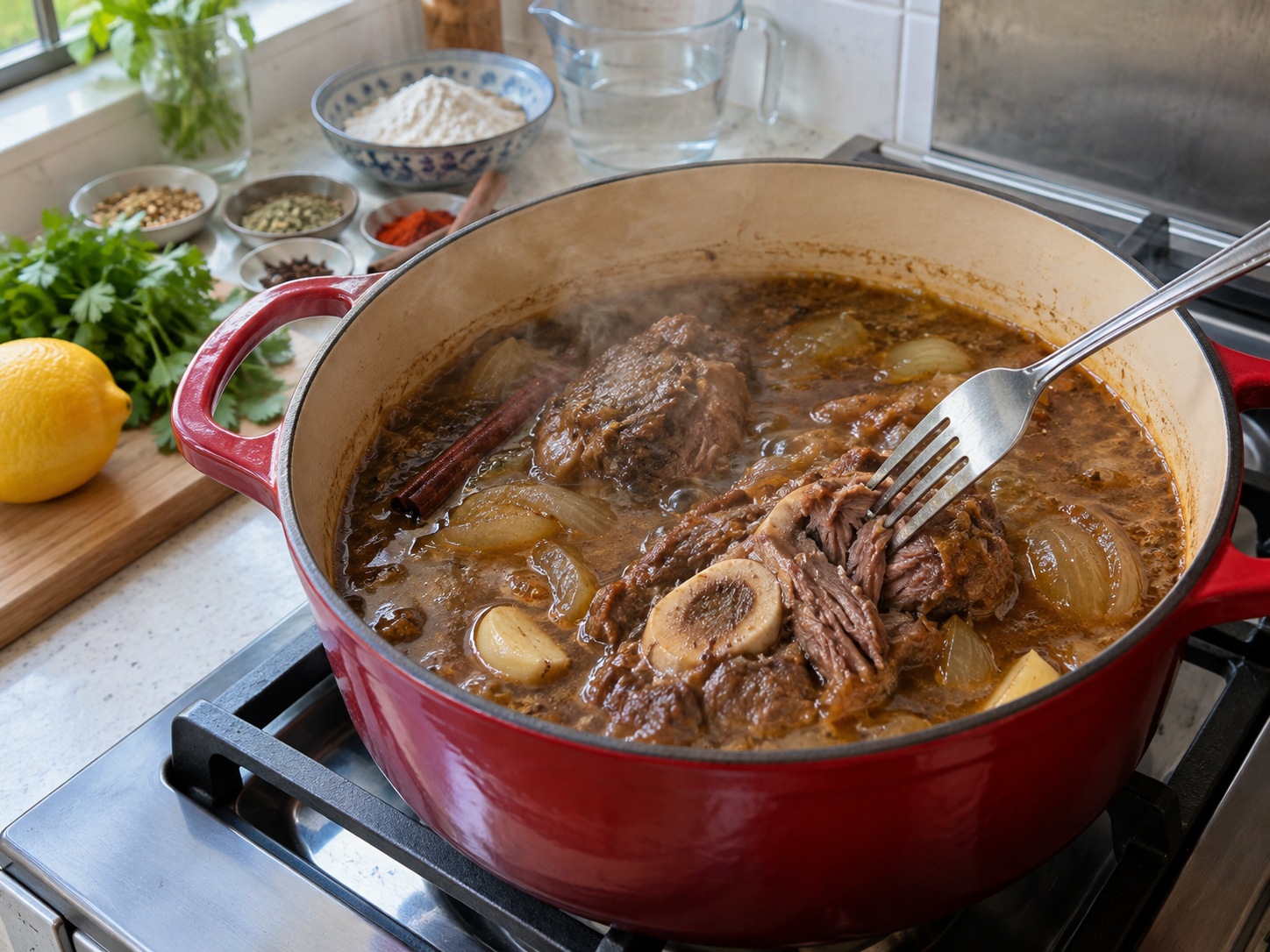 巴基斯坦慢燉牛腱 Nihari — 用叉檢查牛腱和筋膜軟熟