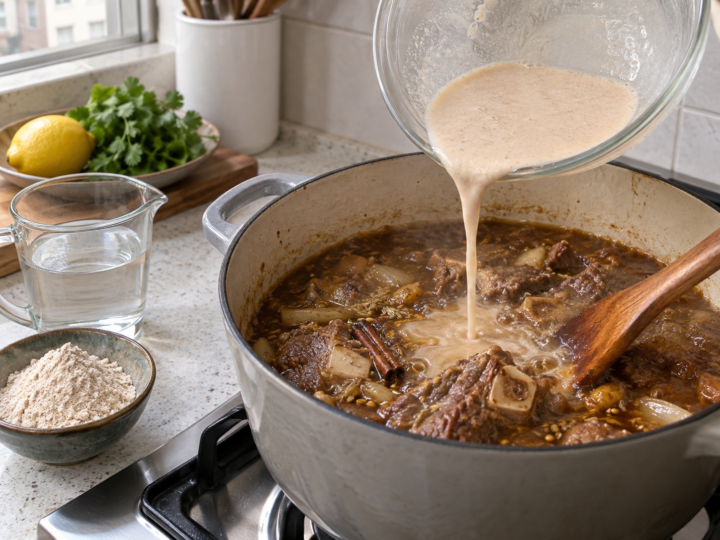巴基斯坦慢燉牛腱 Nihari — 小碗把atta粉與120毫升清水打至無粉粒