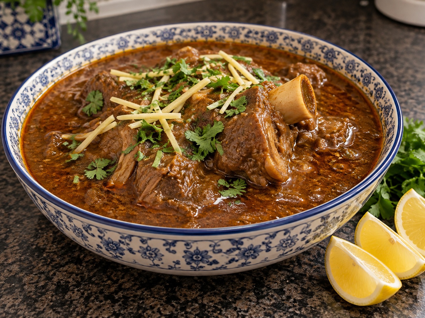 巴基斯坦慢燉牛腱 Nihari — 盛碗後加薑絲、芫荽及檸檬角