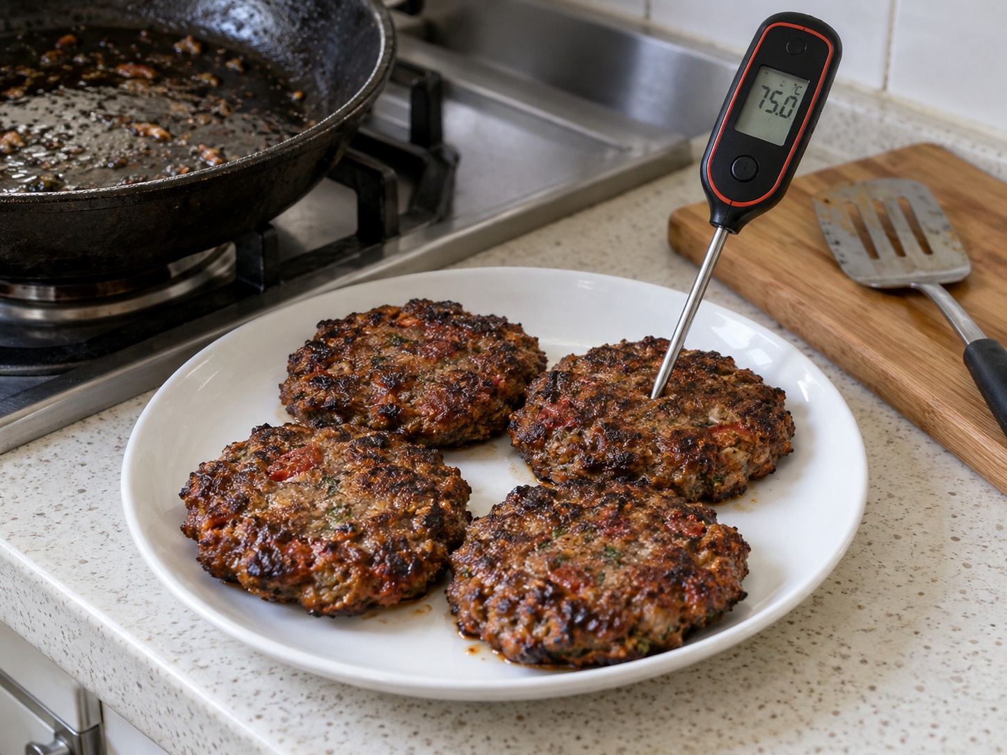 巴基斯坦查普利肉餅 — 量度肉餅中心達75°C後盛碟。食材中心維持75°C或以上30秒。