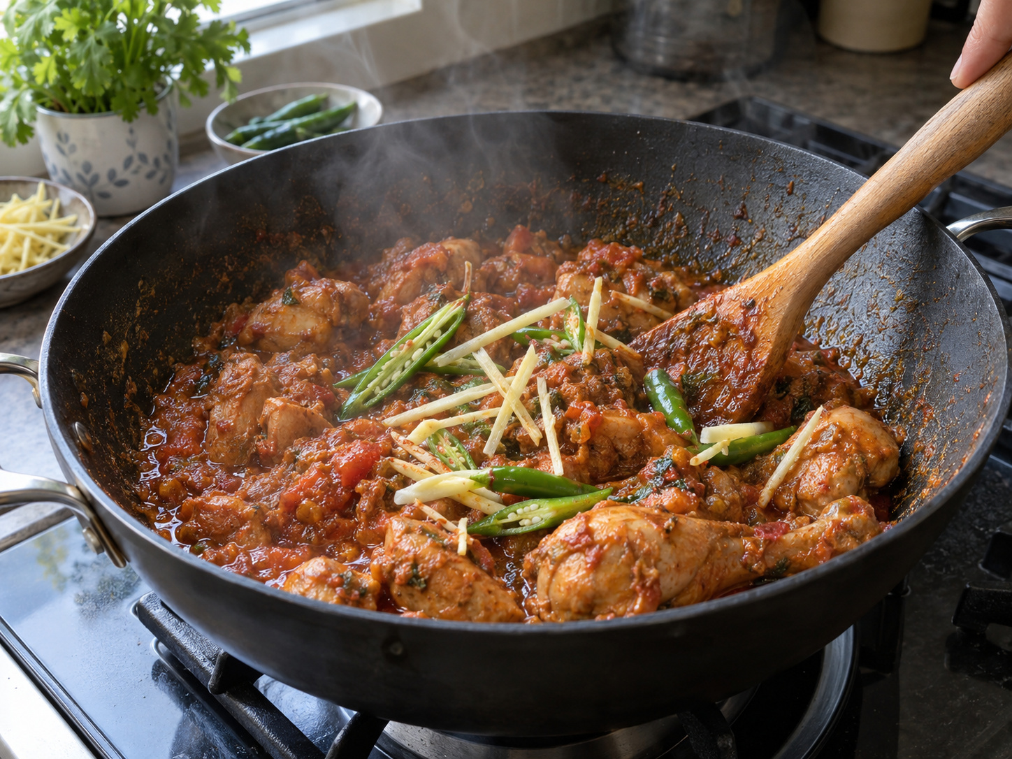 Pakistani Chicken Karahi — Ilagay ang luya at sili