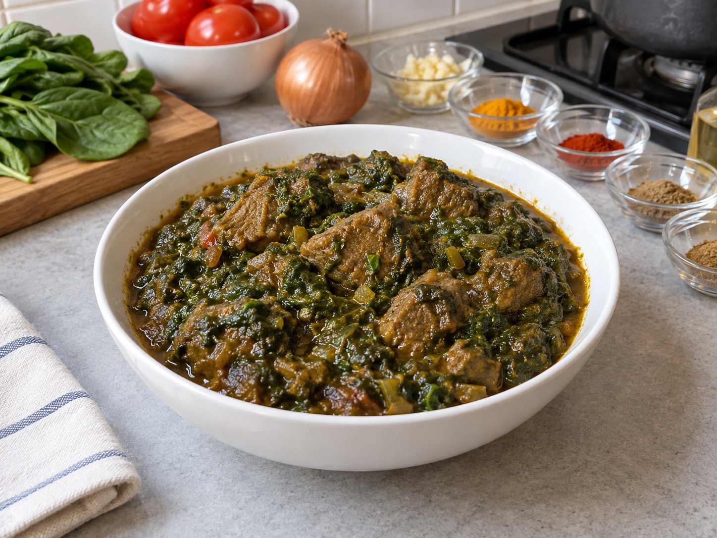 Pakistani Palak Gosht na Tupa at Spinach — natapos na ulam