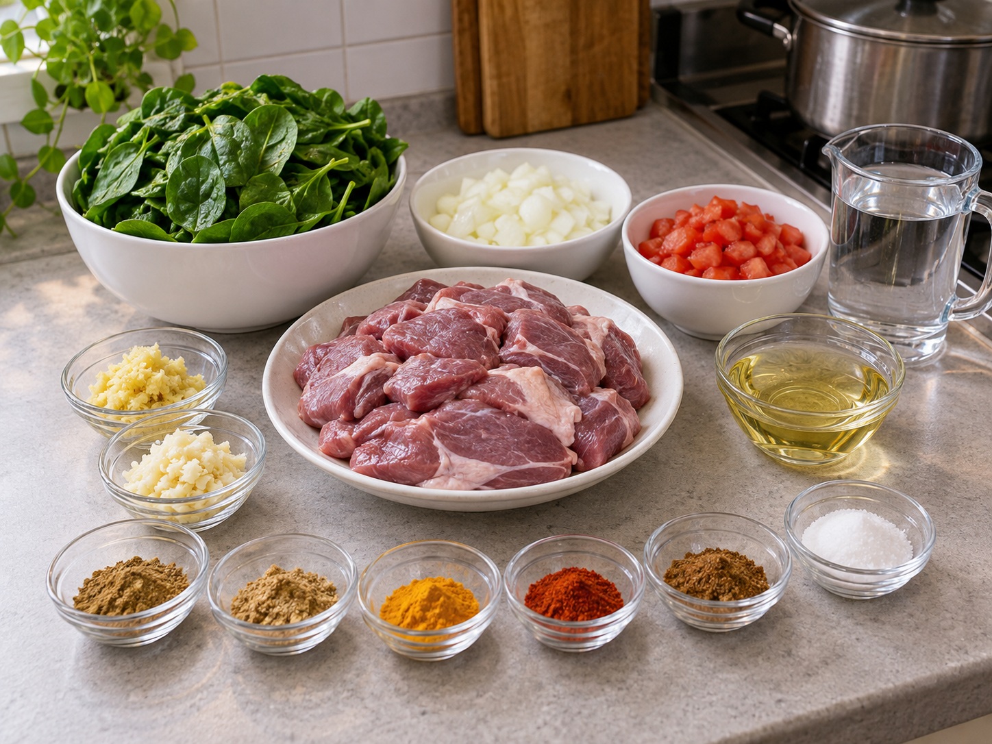 Pakistani Palak Gosht na Tupa at Spinach — mga sangkap