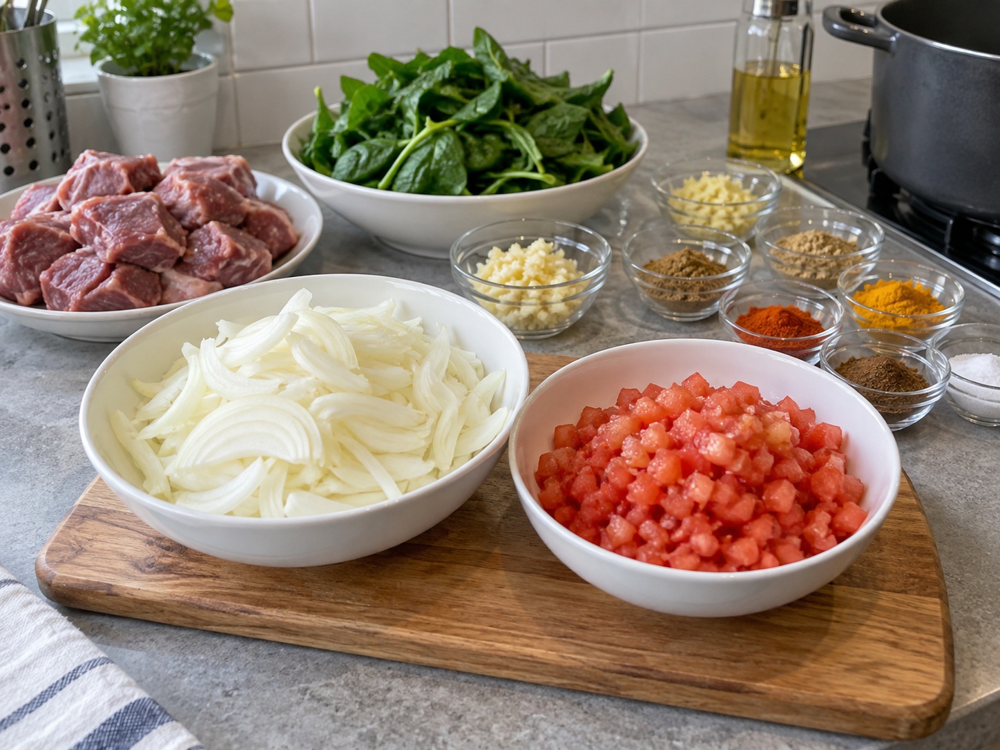 Pakistani Palak Gosht na Tupa at Spinach — Ihanda ang sibuyas at kamatis