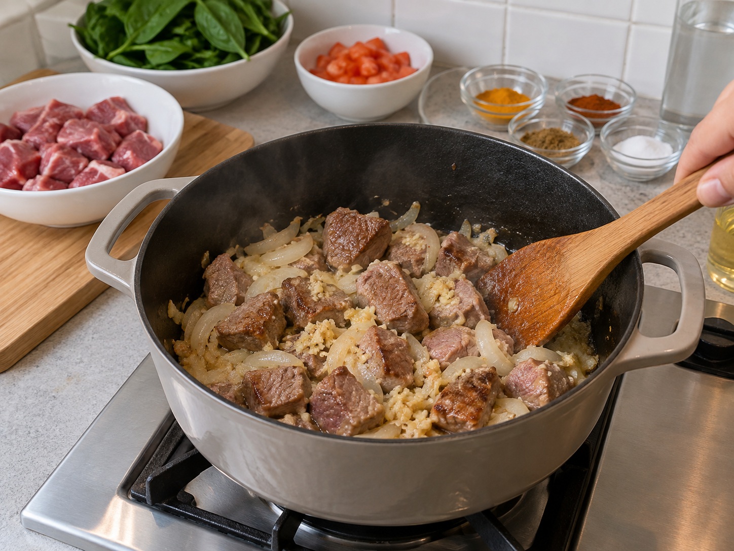Pakistani Palak Gosht na Tupa at Spinach — Igisa ang tupa at luya-bawang