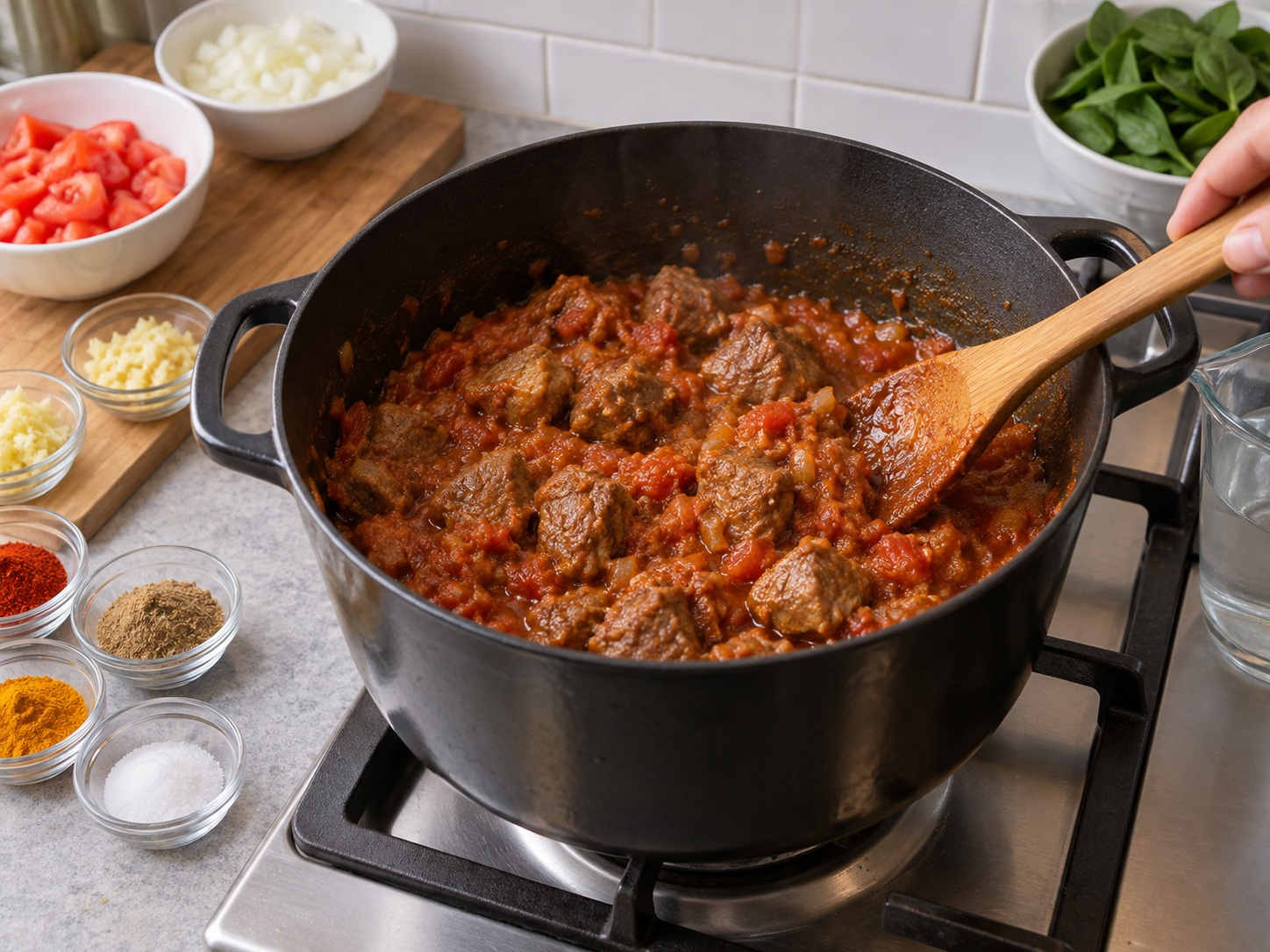 Pakistani Palak Gosht na Tupa at Spinach — Lutuin ang tomato masala
