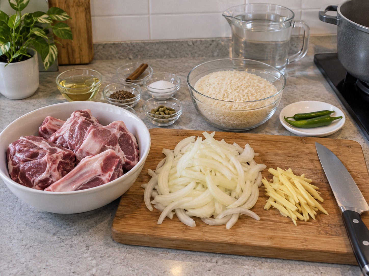 巴基斯坦香料羊肉飯 — 羊肉洗淨,洋蔥切片,薑切片