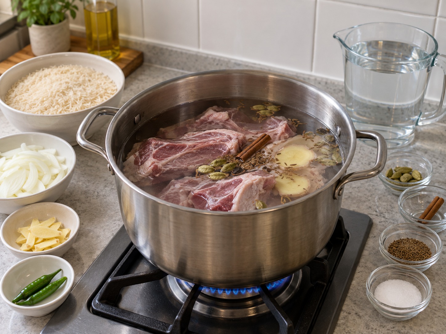 巴基斯坦香料羊肉飯 — 羊肉、薑、全粒香料和清水煮滾