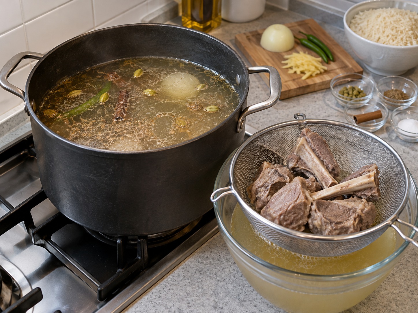 巴基斯坦香料羊肉飯 — 轉小火煮至羊肉軟身,撈出羊肉並濾出高湯