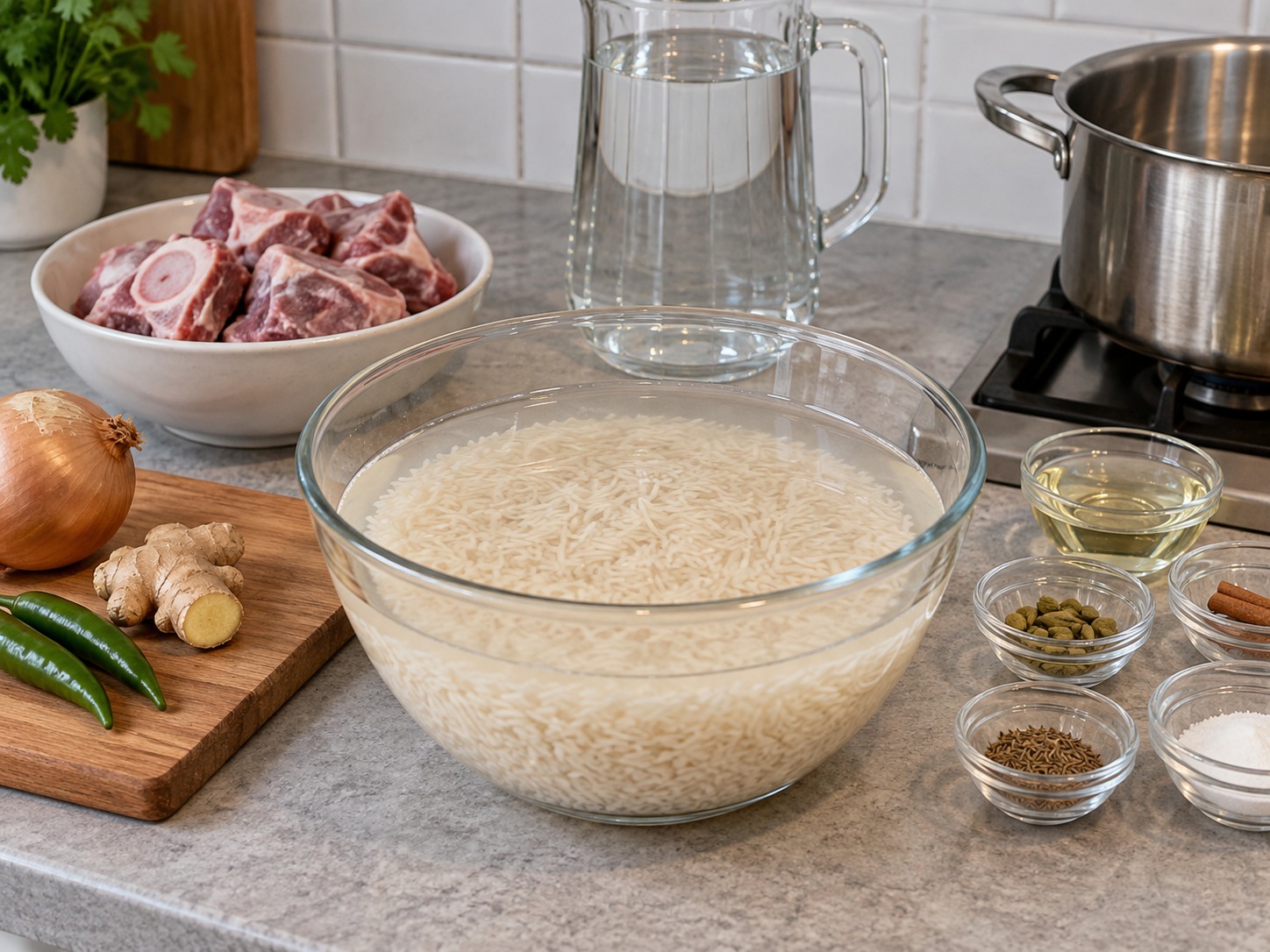 巴基斯坦香料羊肉飯 — 巴斯馬蒂米洗淨後浸泡二十分鐘