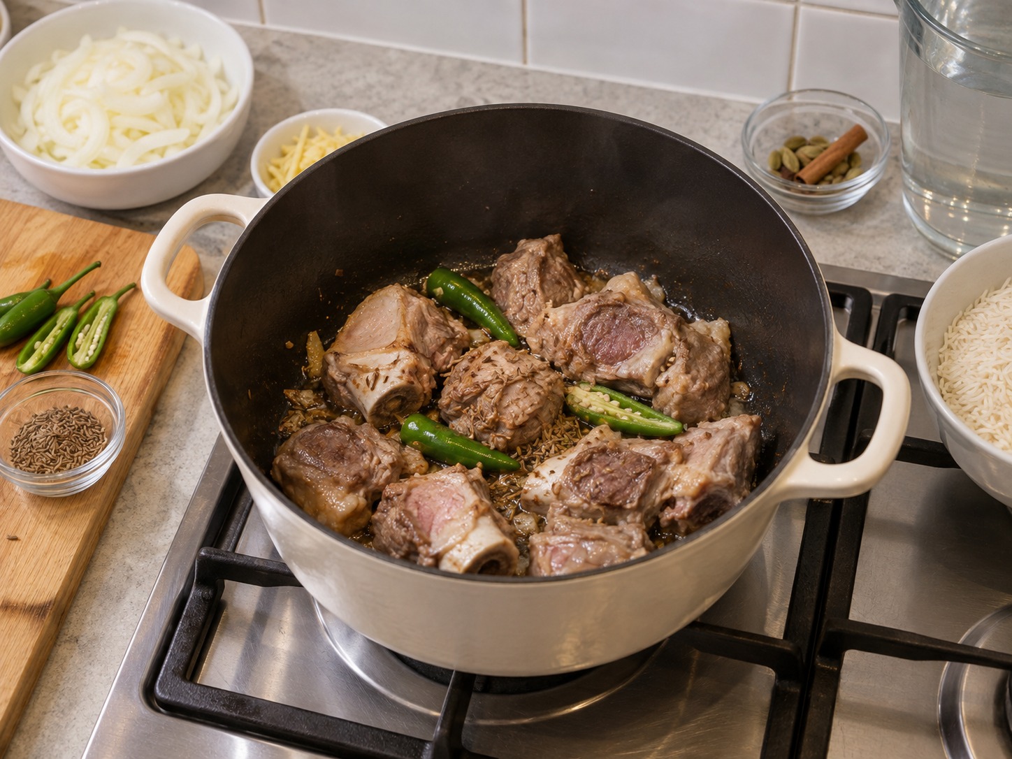巴基斯坦香料羊肉飯 — 加羊肉、青辣椒和少量孜然炒香