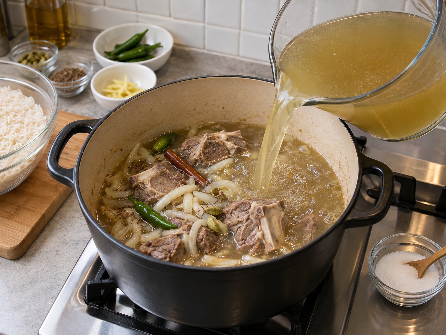 巴基斯坦香料羊肉飯 — 倒入量好的羊肉高湯,加鹽煮滾