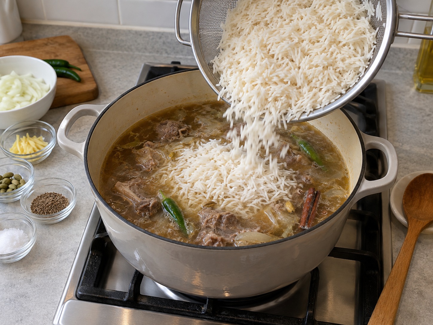 巴基斯坦香料羊肉飯 — 瀝乾米後加入高湯,輕拌一次