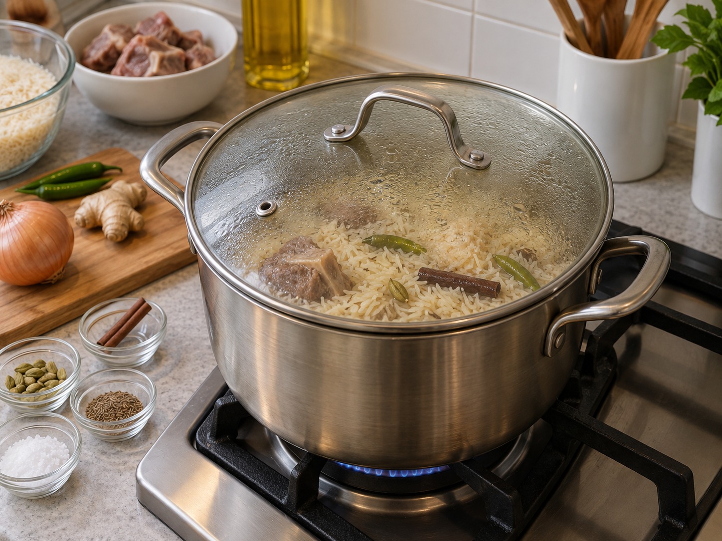 巴基斯坦香料羊肉飯 — 蓋鍋小火煮至水位剛低於米面