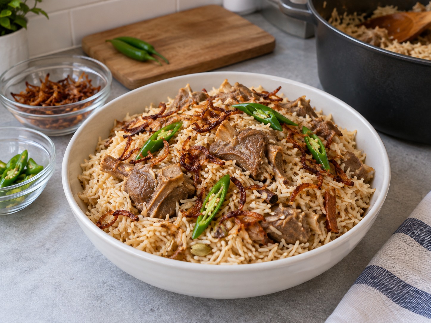 巴基斯坦香料羊肉飯 — 撒炸洋蔥和青辣椒後上桌